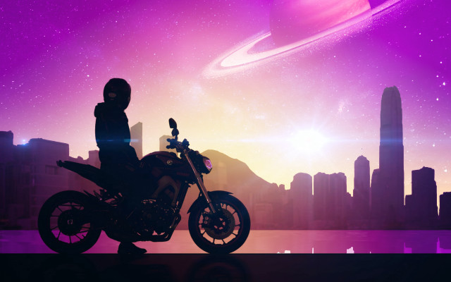 Motorcycle city skyline retrofuturism synthwave free wallpaper - medium preview image