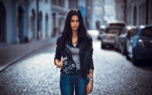 Woman leatherjacket cobblestonestreet city cosplay free wallpaper - medium preview image