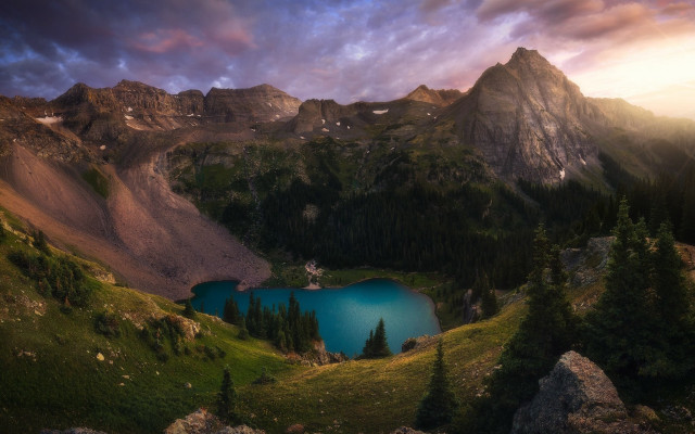 Mountain lake sunset clouds nature free wallpaper - medium preview image