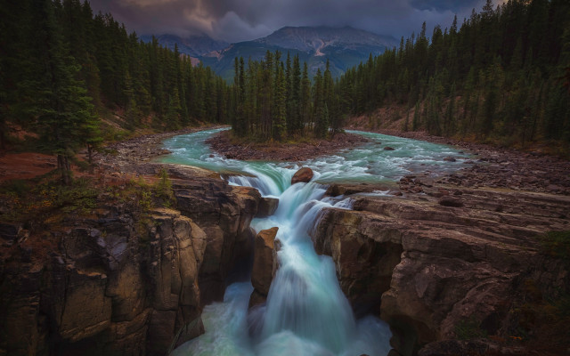 Waterfall forest cloudy sky mountain free wallpaper - medium preview image