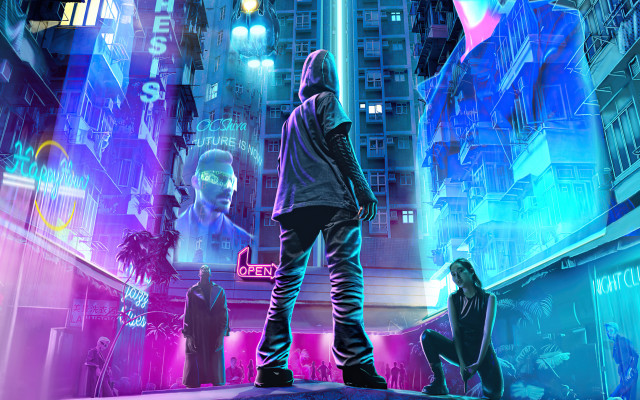 Man ledge city night neon free wallpaper - medium preview image