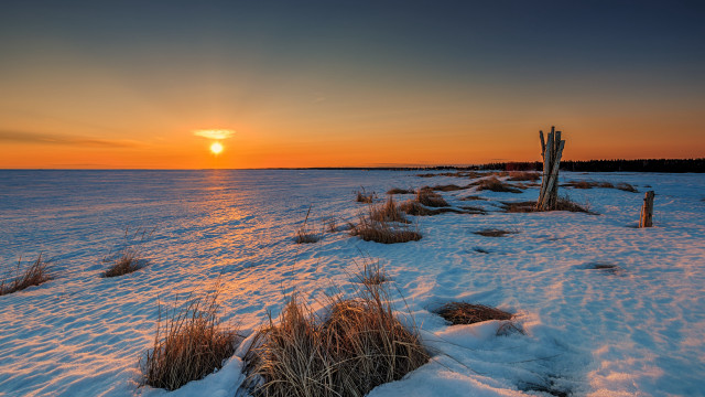 Sunset water snow grass fence free wallpaper - medium preview image