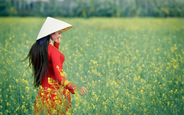 Woman red dress white hat free wallpaper - medium preview image