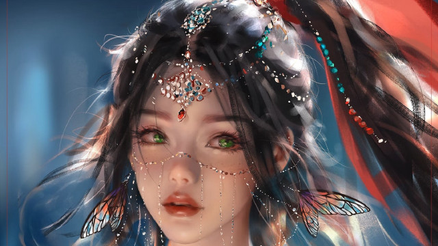 Woman butterfly headdress red scarf free wallpaper - medium preview image