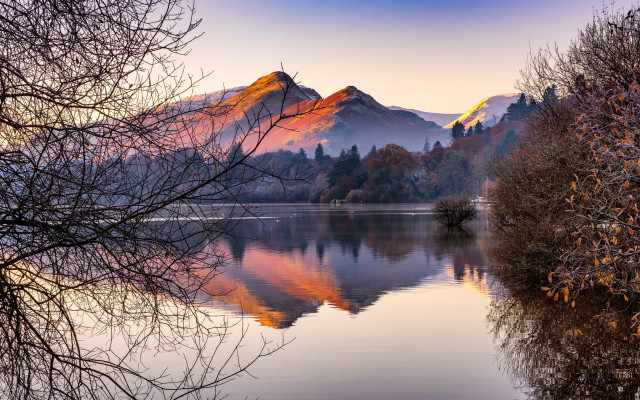 Lake mountains trees autumn sunset free wallpaper - medium preview image