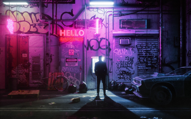Dark alley neon graffiti cyberpunk free wallpaper - medium preview image