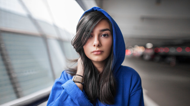 Blue hoodie woman portrait bangle free wallpaper for desktop - medium preview image