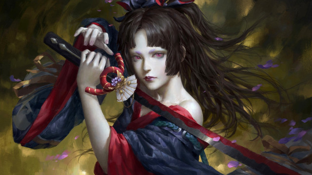 Woman sword flower kimono katana free wallpaper - medium preview image