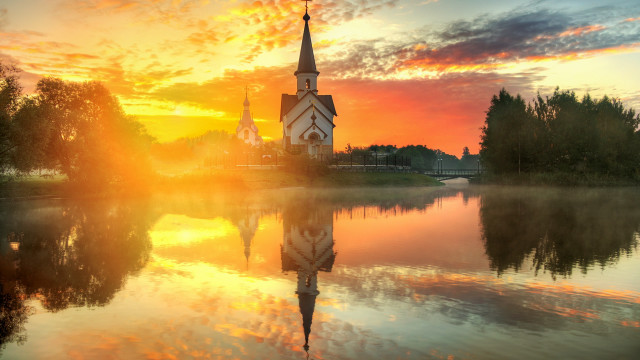 Church reflection sunset clouds gothic free wallpaper - medium preview image