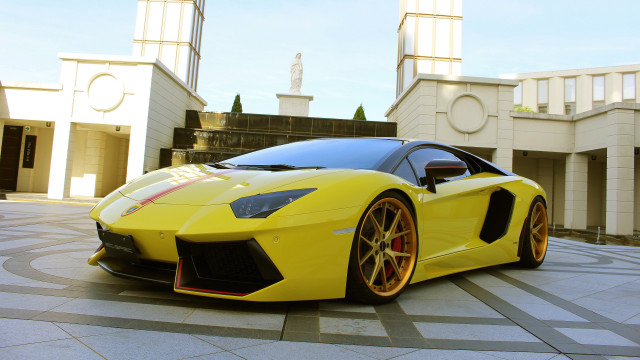 Yellow sports car clock tower free wallpaper - medium preview image
