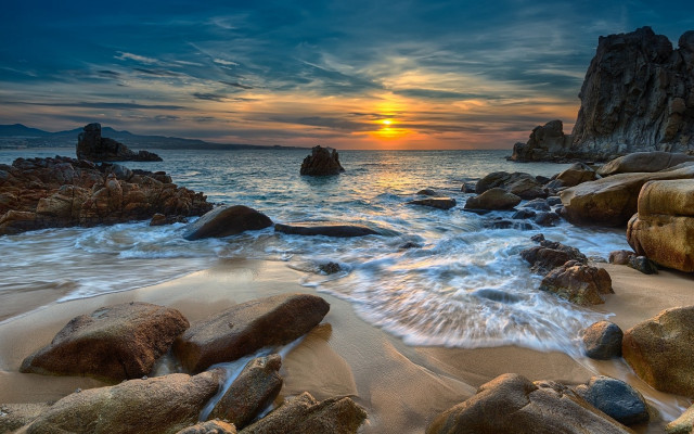Sunset ocean rocks water dock free wallpaper - medium preview image