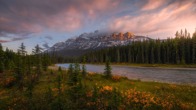Mountain river trees cloudy sunset free wallpaper - medium preview image