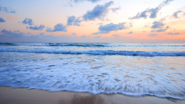 Sunset beach waves clouds mountains free wallpaper - medium preview image