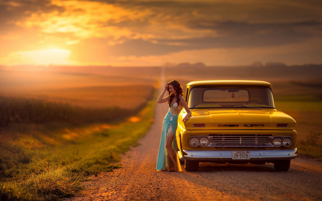 Woman dress yellow truck sunset free wallpaper - medium preview image