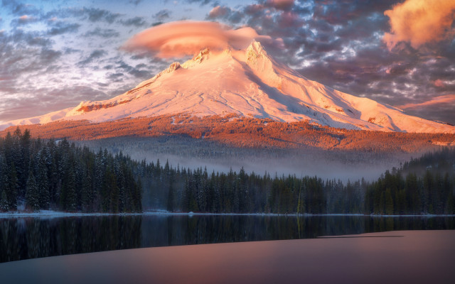 Snowy mountain lake trees sunset free wallpaper - medium preview image