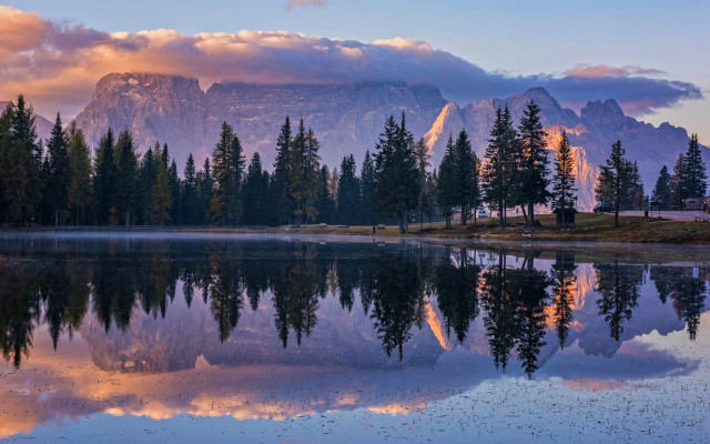 Mountain reflection lake trees sunset free wallpaper - medium preview image