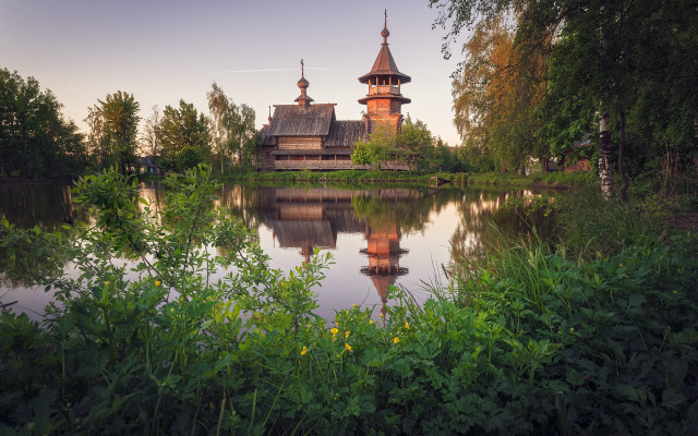 Lake church trees bushes flowers free wallpaper - medium preview image