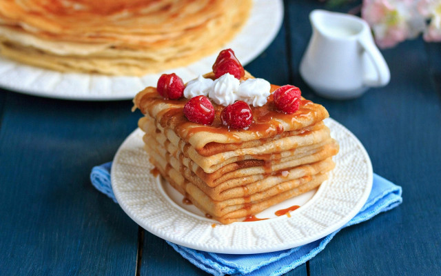 Pancakes whipped cream raspberries blue free wallpaper - medium preview image