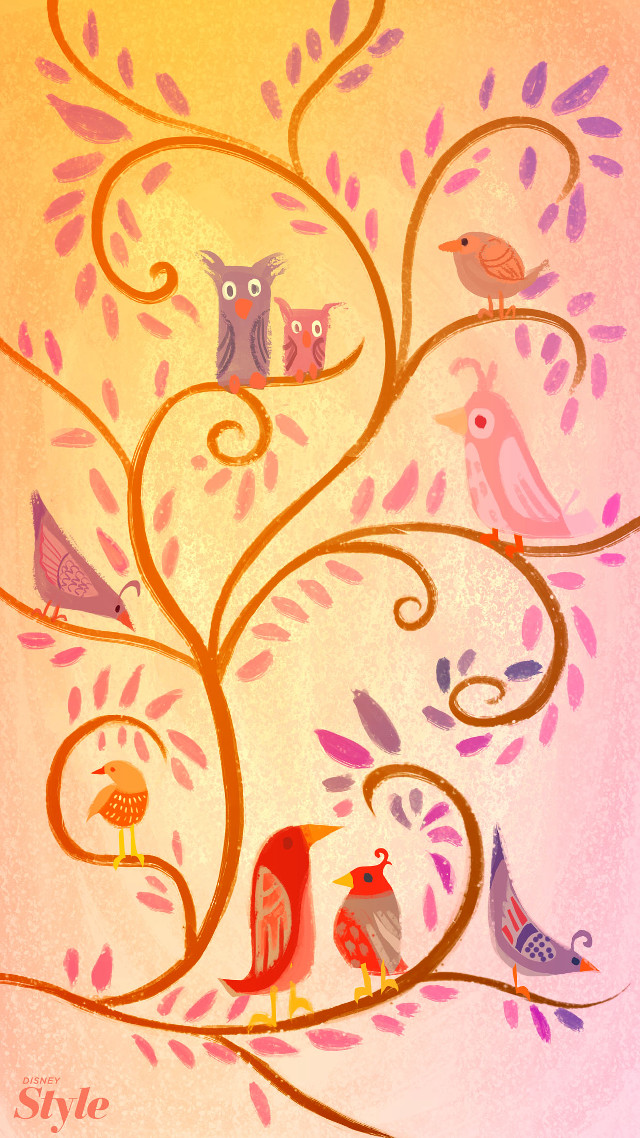 Bird branch swirly leaves pink free wallpaper - medium preview image