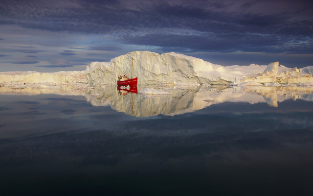 Boat icebergs mountains sunset water free wallpaper - medium preview image