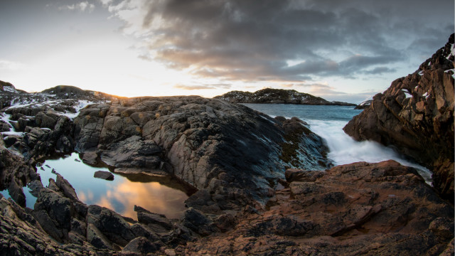 Rocky shore lake snowy cliffs free wallpaper - medium preview image