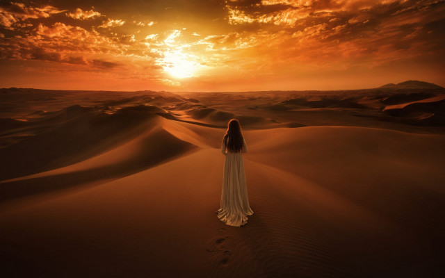 Woman white dress desert sunset free wallpaper - medium preview image