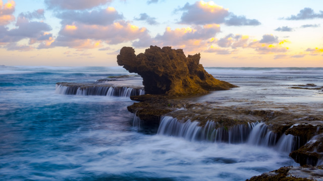 Waterfall ocean rocks cloudy sunset free wallpaper - medium preview image