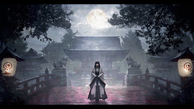 Woman bridge forest lanterns moon free wallpaper - medium preview image