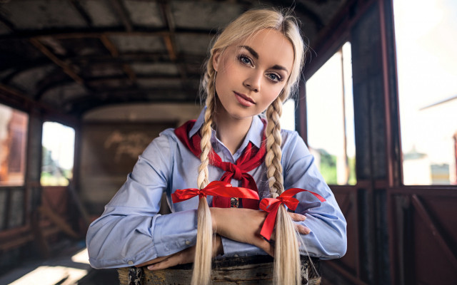 Blonde braid portrait red bow free wallpaper - medium preview image