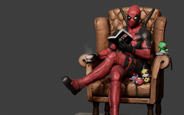 Deadpool bald sitting armchair reading free wallpaper - medium preview image