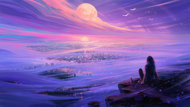 Woman cliff city sunset birds free wallpaper - medium preview image