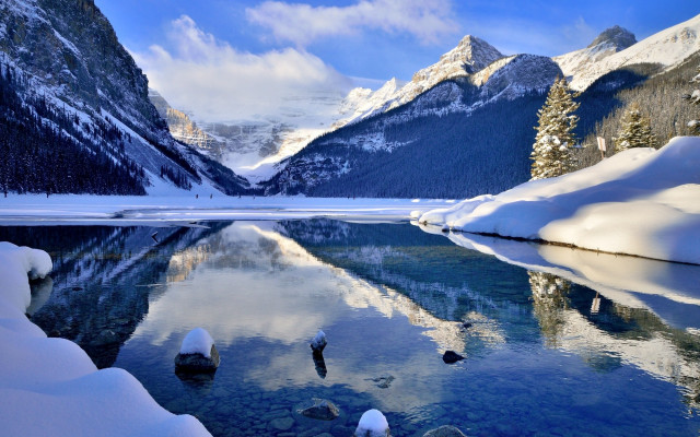 Mountain lake snow mountains forest free wallpaper - medium preview image