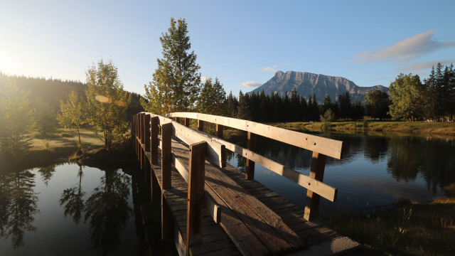 Wooden bridge river mountain trees free wallpaper - medium preview image