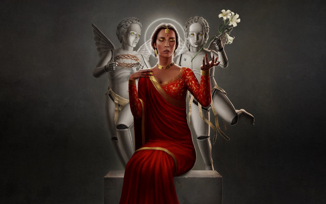 Woman red dress angels flower free wallpaper - medium preview image