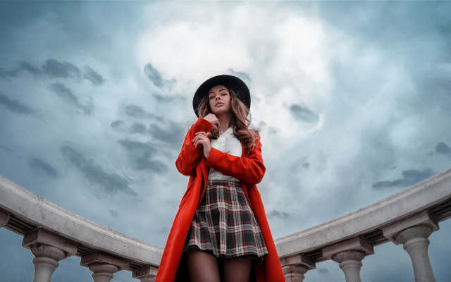 Woman red coat plaid dress free wallpaper - medium preview image