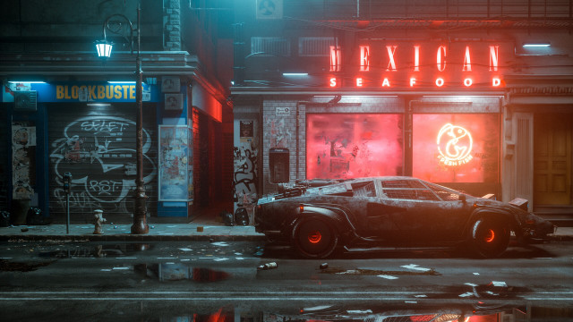 Car neon street building cyberpunk free wallpaper - medium preview image