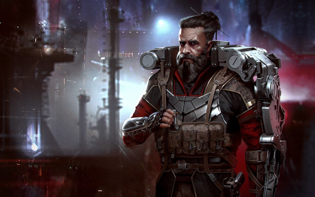 Futuristic man armor weapon night free wallpaper - medium preview image