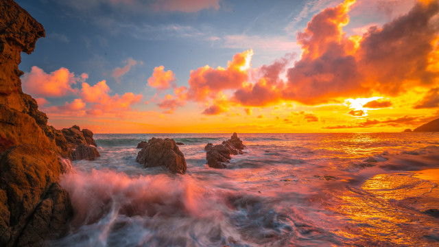 Sunset ocean rocks colorful clouds free wallpaper - medium preview image