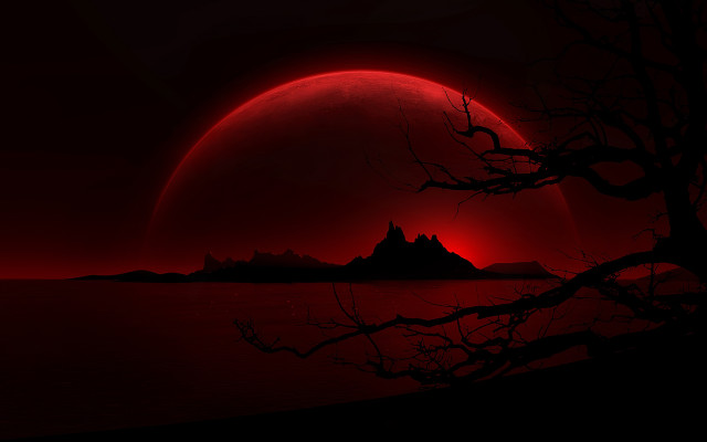 Red sunset mountain tree moon free wallpaper - medium preview image
