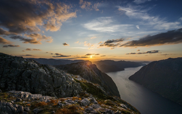 Sunset mountain lake cityscape clouds free wallpaper - medium preview image