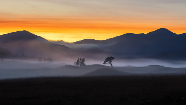 Sunset mountain fog trees evening free wallpaper - medium preview image