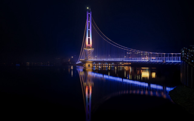 Bridge night city lights reflection free wallpaper - medium preview image