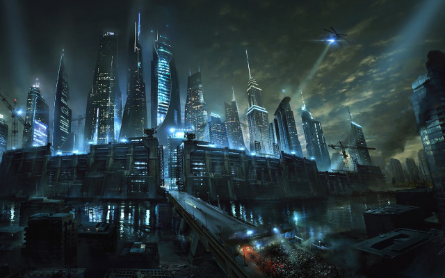 Futuristic city train night cityscape free wallpaper - medium preview image