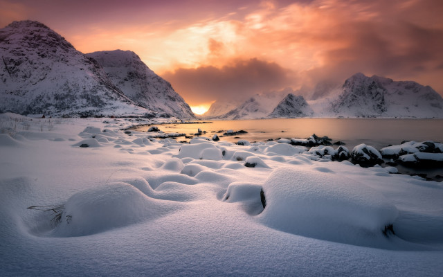 Snowy mountains water sunset clouds free wallpaper - medium preview image
