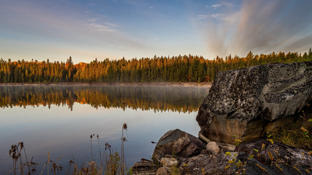 Lake trees rocks sky clouds free wallpaper - medium preview image