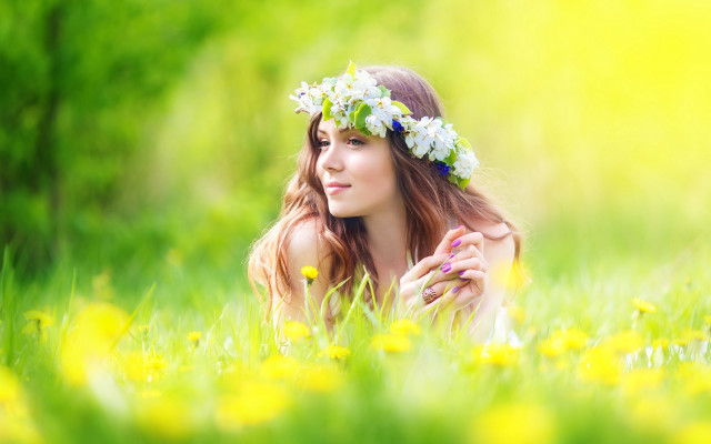 Flower field woman wreath bokeh free wallpaper - medium preview image