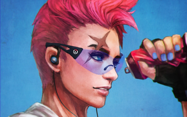Pink haired man scissors blue free wallpaper for desktop - medium preview image