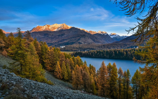 Mountain lake forest sky clouds free wallpaper - medium preview image