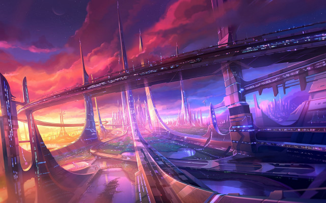 Futuristic city bridge sunset starry free wallpaper - medium preview image