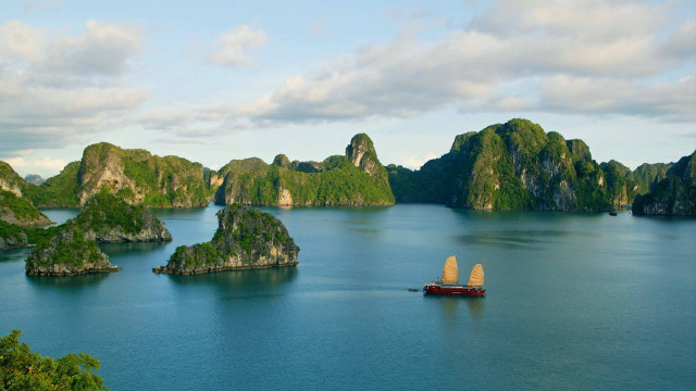 Boat water mountains rocks islands free wallpaper - medium preview image